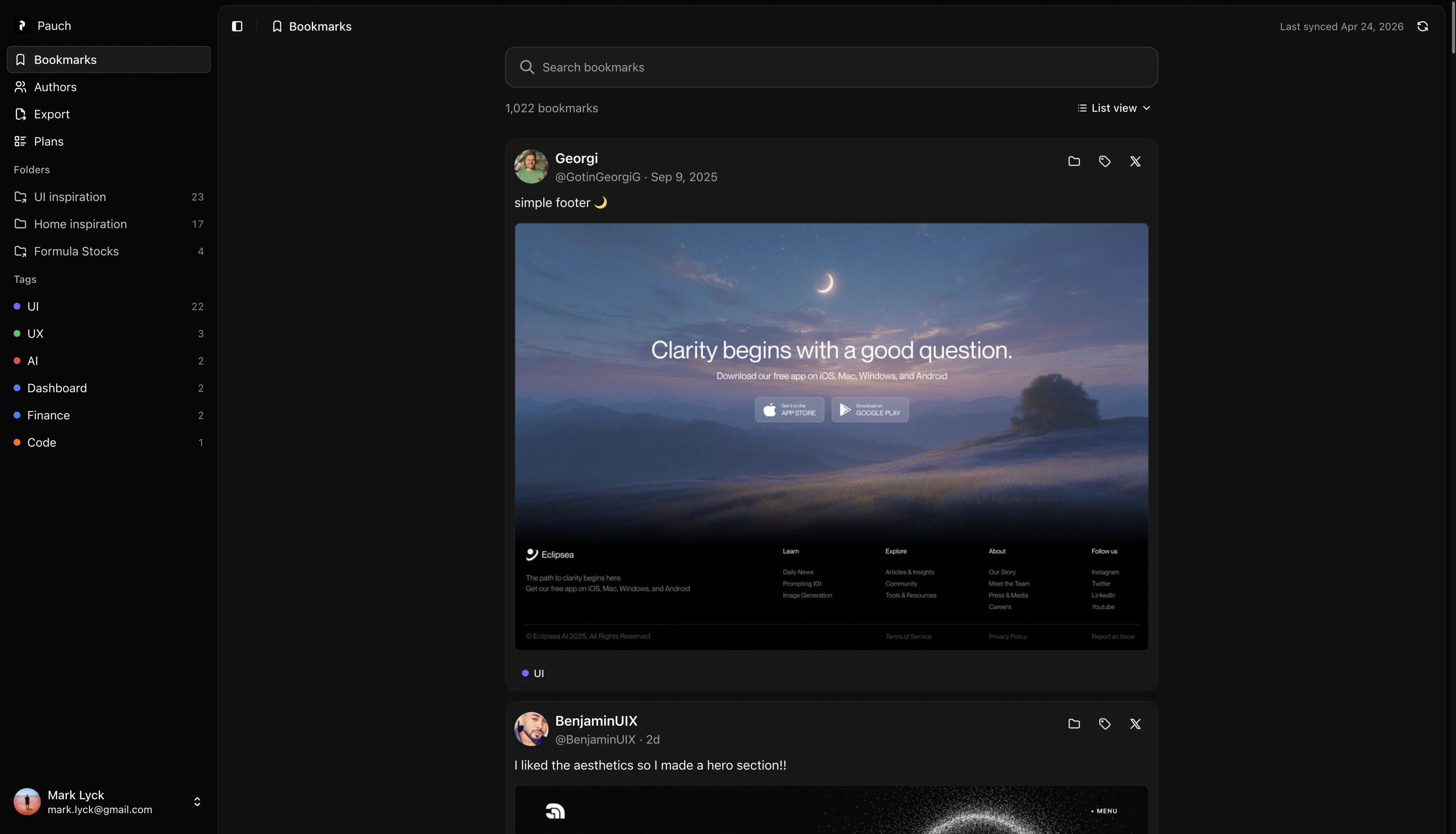 Pauch dashboard showing saved bookmarks